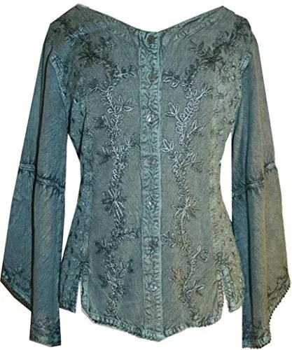 102 B Flower Color Embroidered Button Down Gothic Blouse