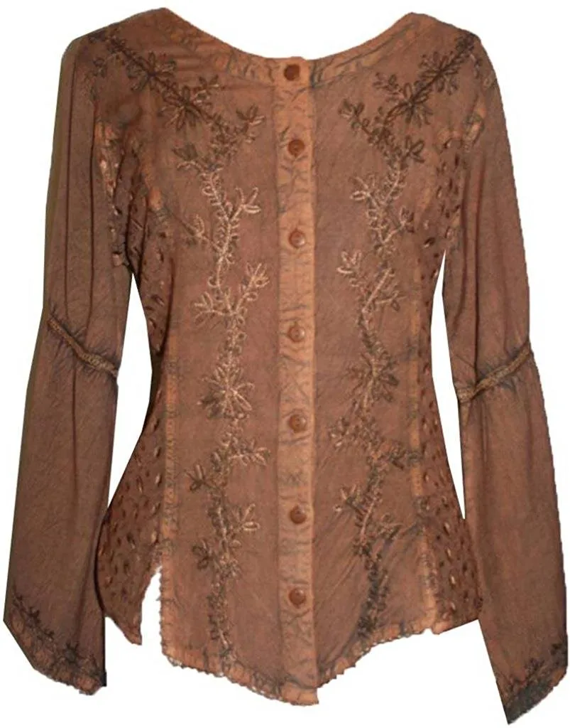 102 B Flower Color Embroidered Button Down Gothic Blouse