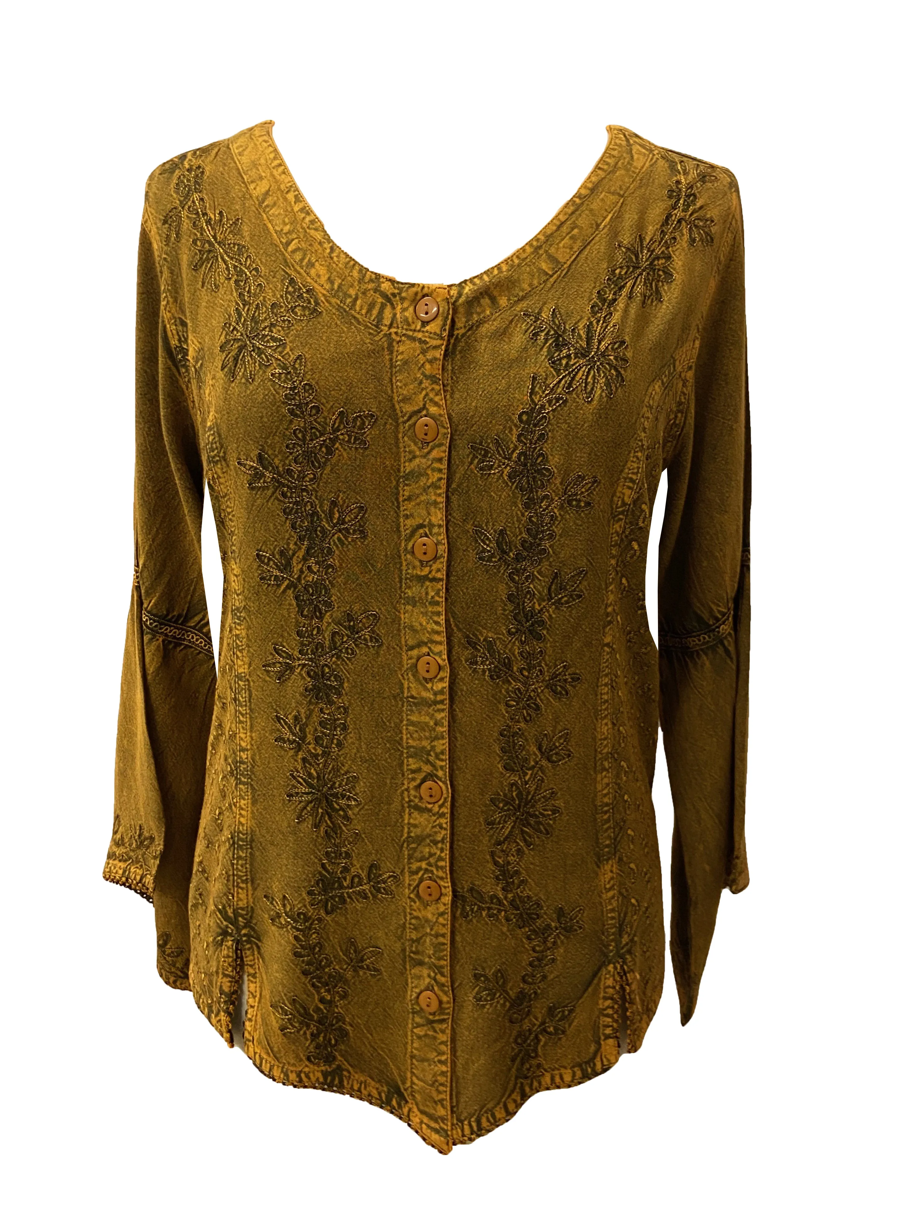 102 B Flower Color Embroidered Button Down Gothic Blouse