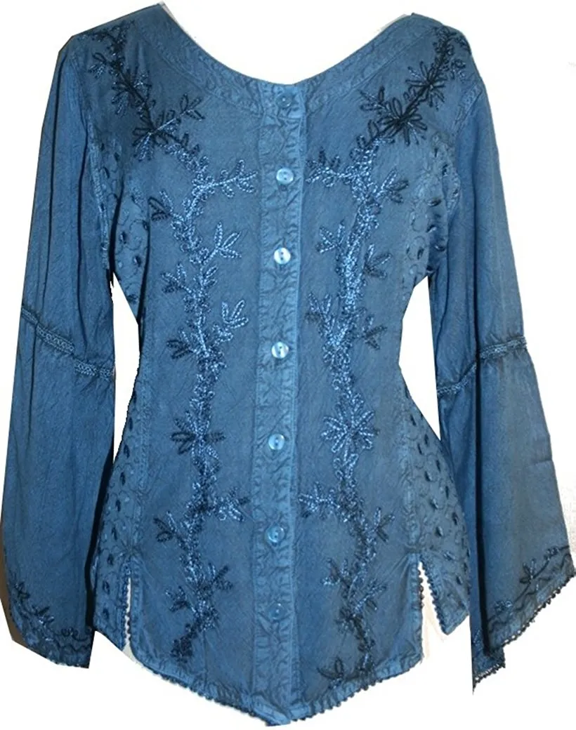 102 B Flower Color Embroidered Button Down Gothic Blouse