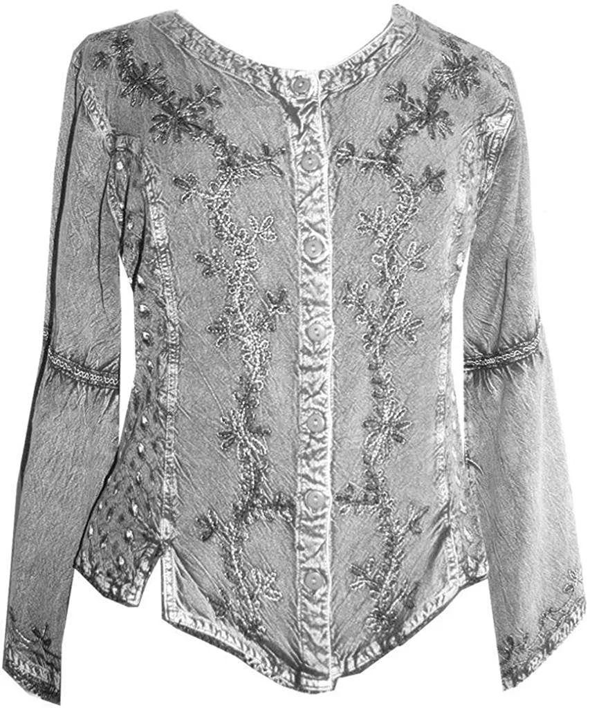 102 B Flower Color Embroidered Button Down Gothic Blouse