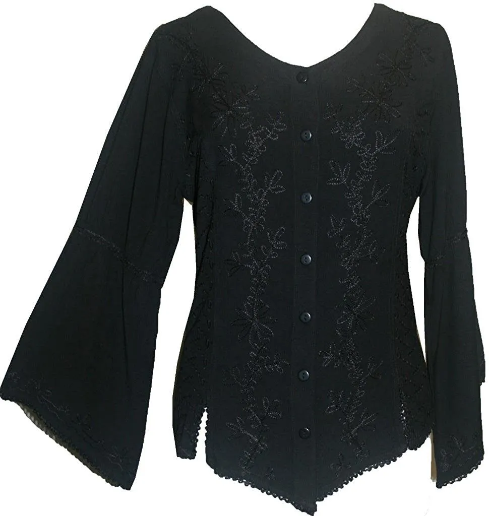 102 B Flower Color Embroidered Button Down Gothic Blouse