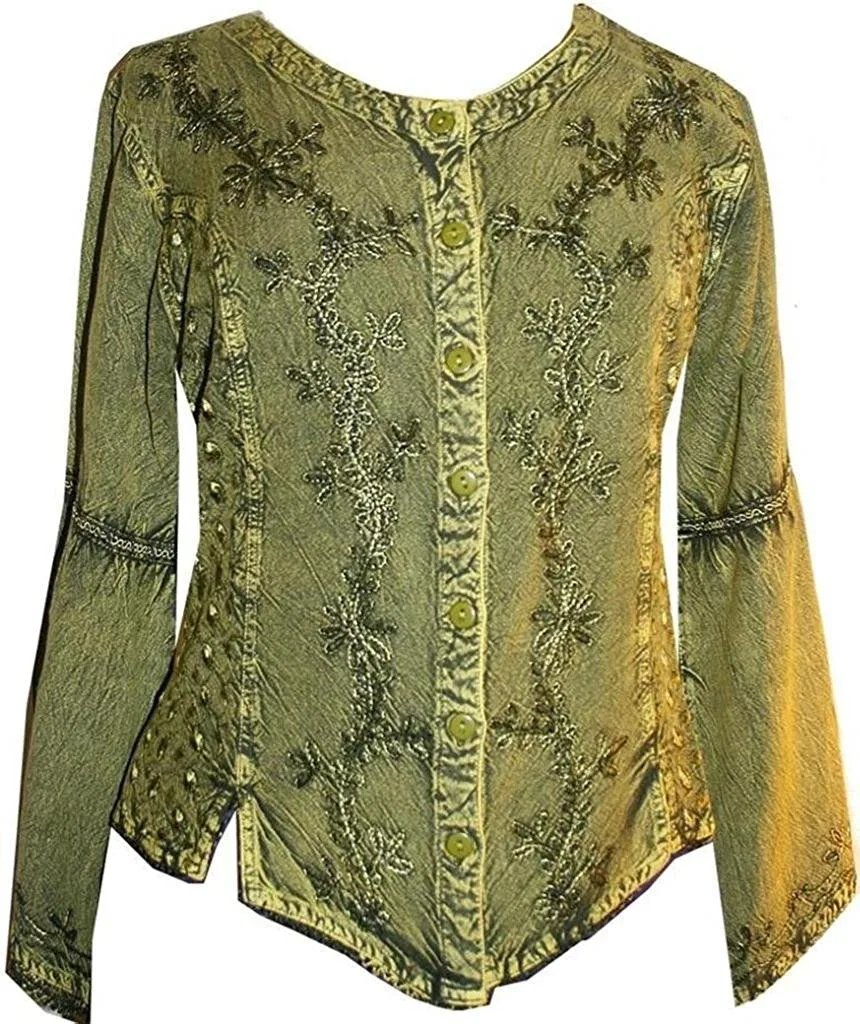 102 B Flower Color Embroidered Button Down Gothic Blouse