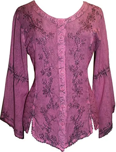 102 B Flower Color Embroidered Button Down Gothic Blouse