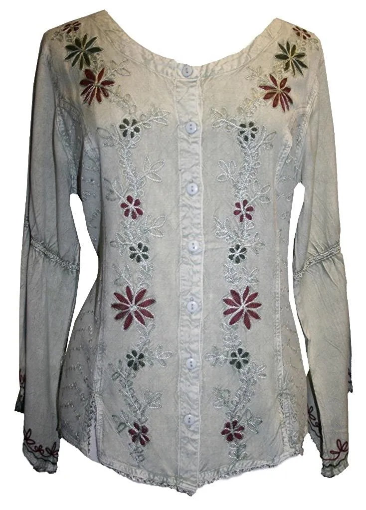 102 B Flower Color Embroidered Button Down Gothic Blouse