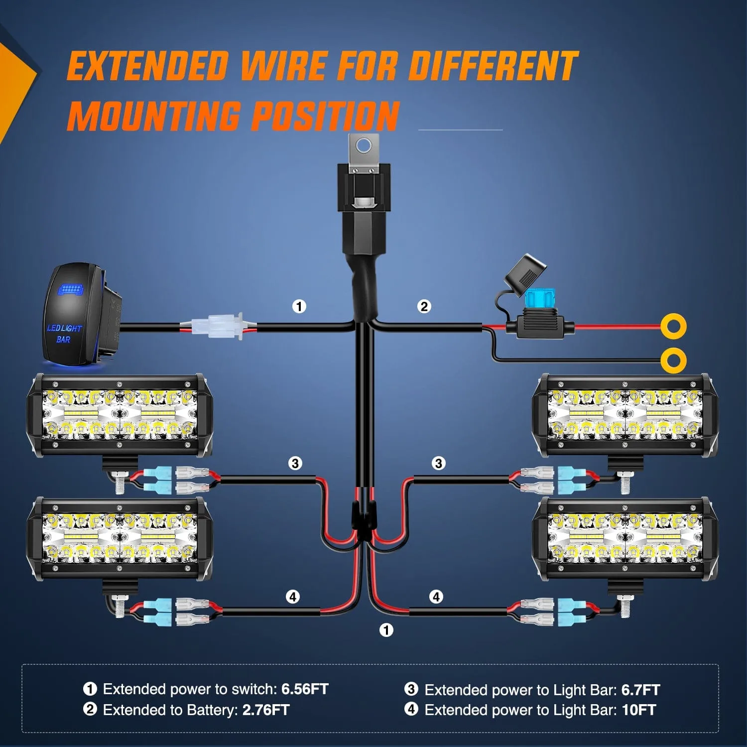4PCS 6.5Inch 120W Triple Rows Led Light Bar with 16AWG 5Pin Switch Wiring Harness Kit 4 Leads