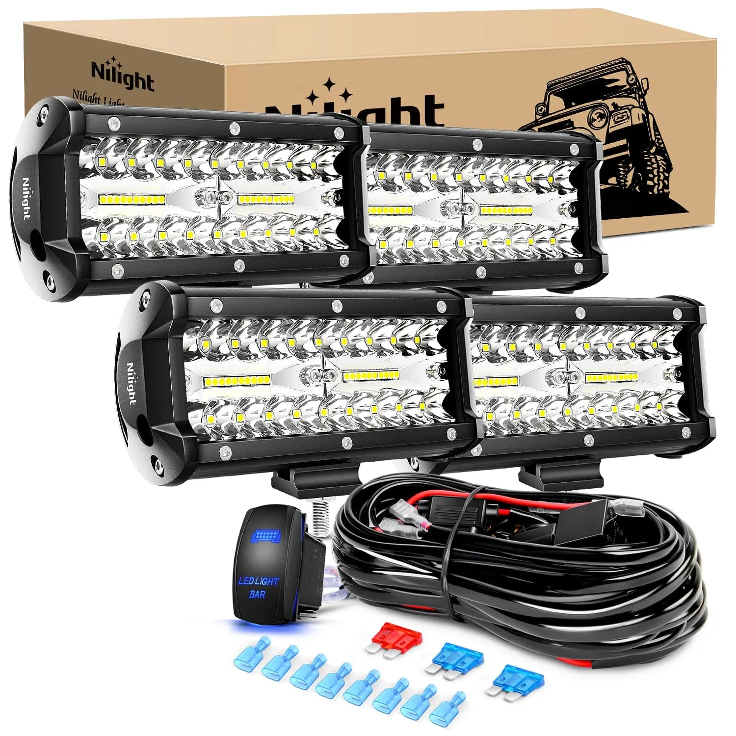4PCS 6.5Inch 120W Triple Rows Led Light Bar with 16AWG 5Pin Switch Wiring Harness Kit 4 Leads