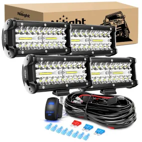 4PCS 6.5Inch 120W Triple Rows Led Light Bar with 16AWG 5Pin Switch Wiring Harness Kit 4 Leads