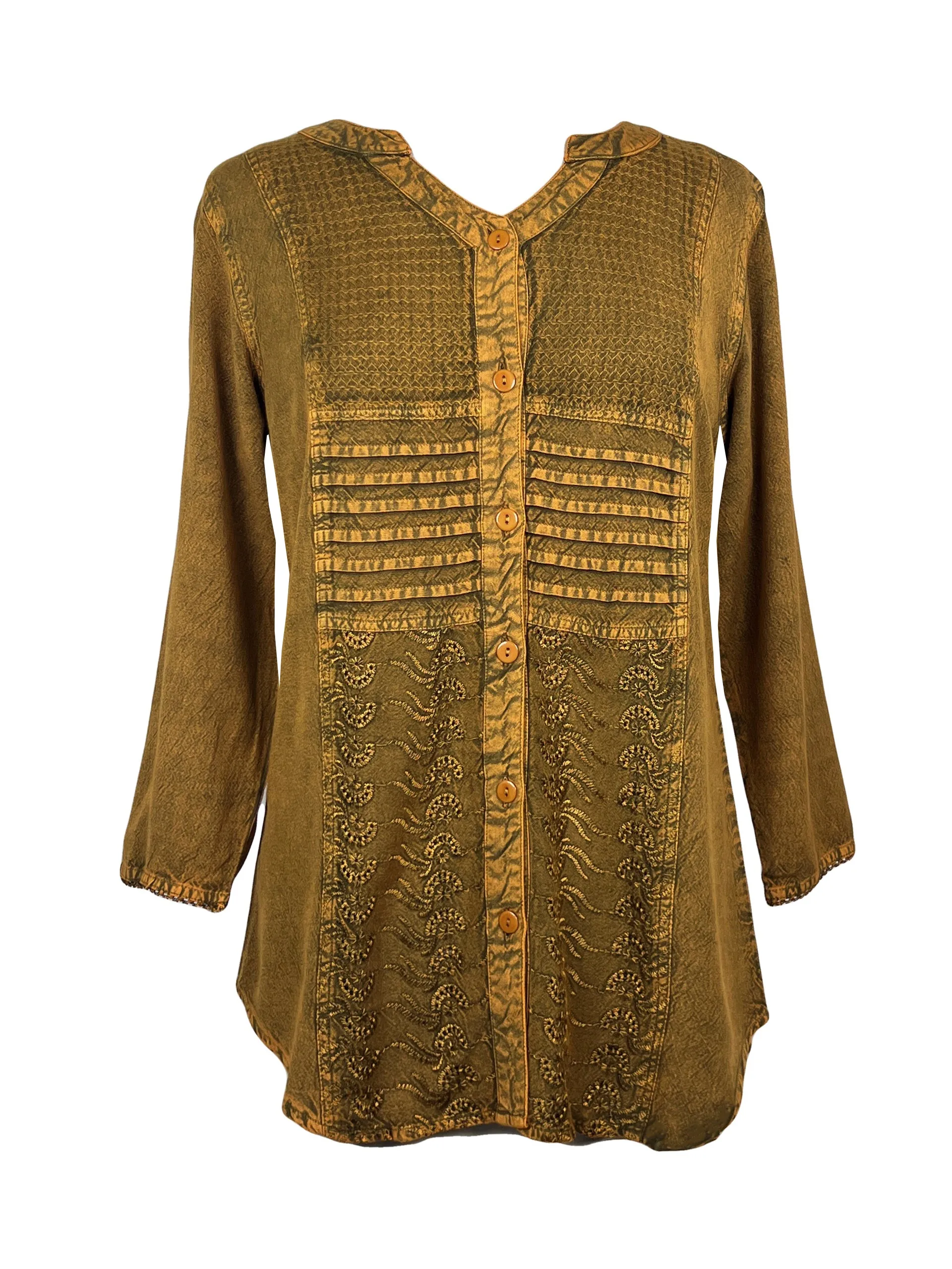 9004 B Women's Bohemian Vintage Sweet Heart Button Down Embroidered Pleated Blouse