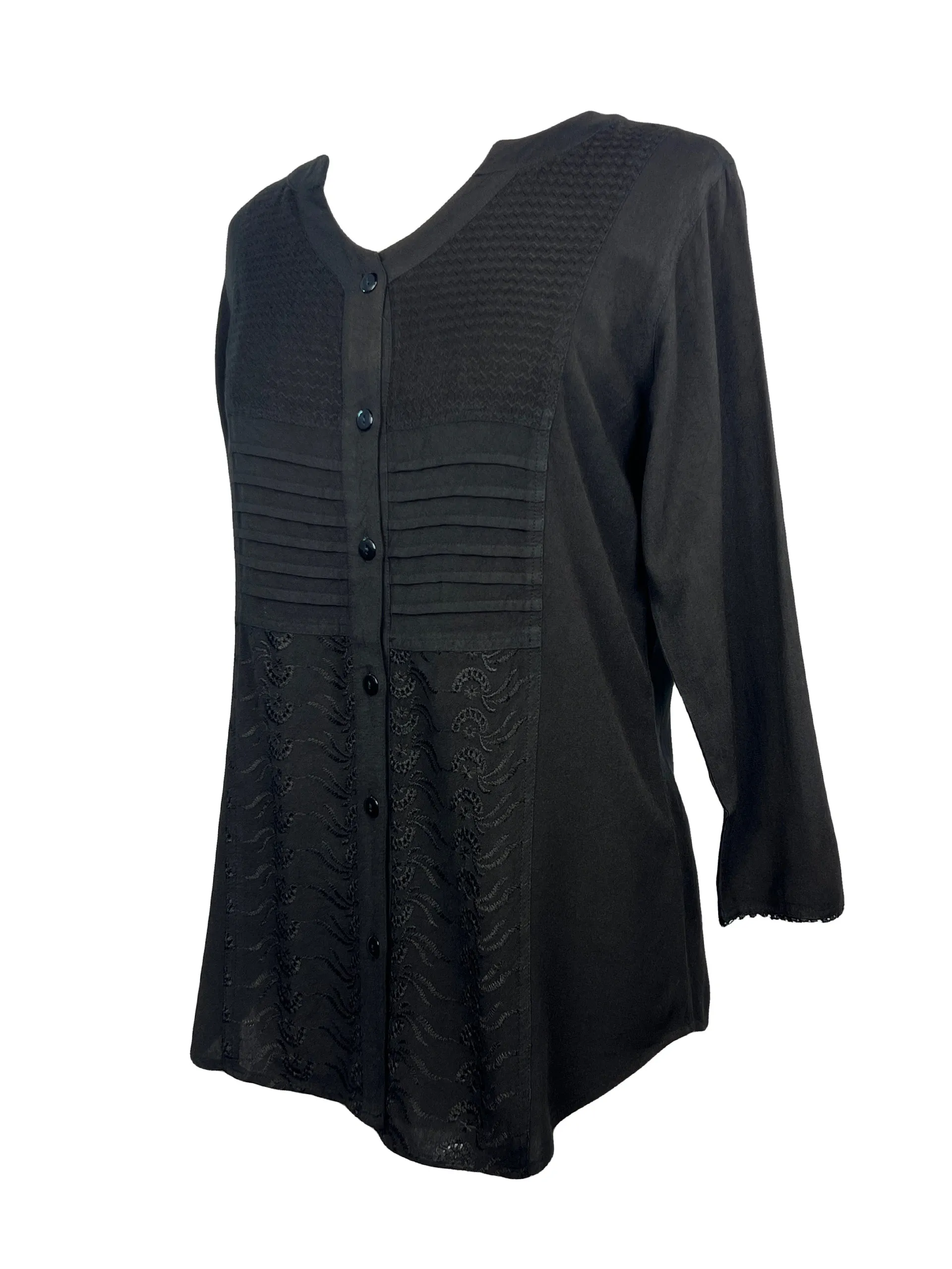 9004 B Women's Bohemian Vintage Sweet Heart Button Down Embroidered Pleated Blouse