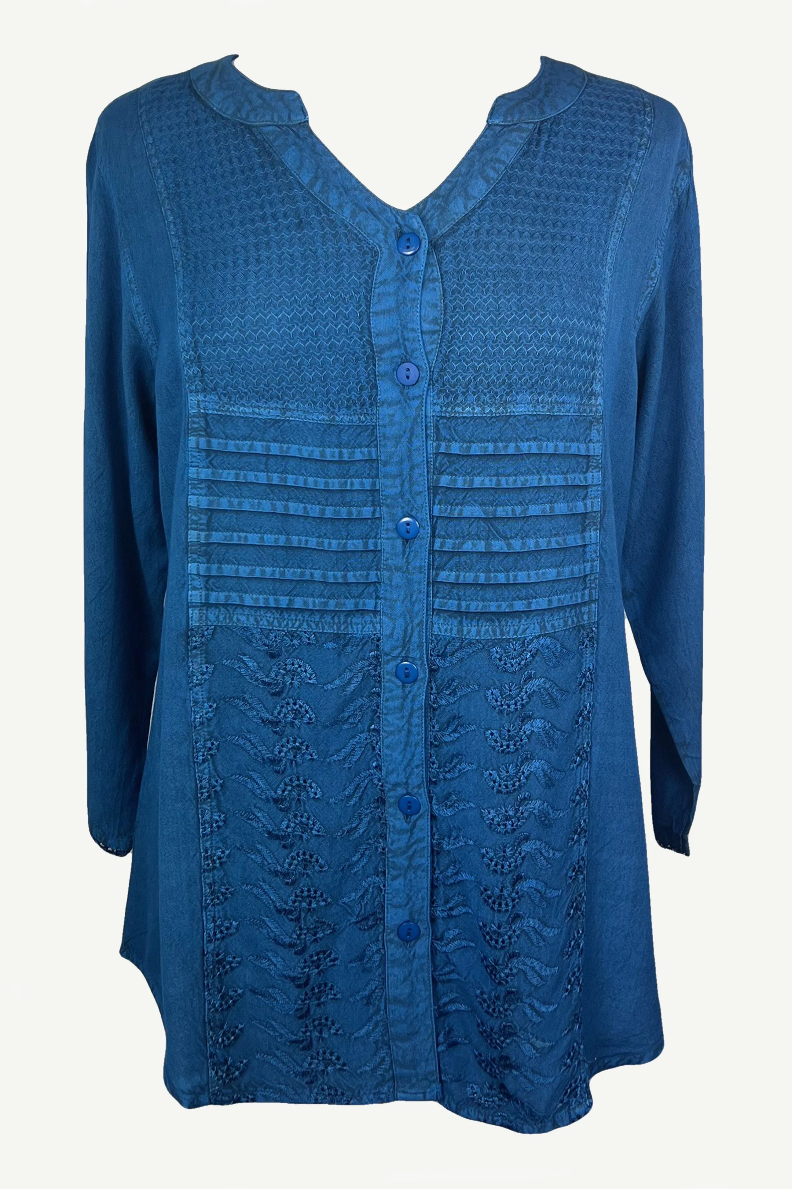 9004 B Women's Bohemian Vintage Sweet Heart Button Down Embroidered Pleated Blouse