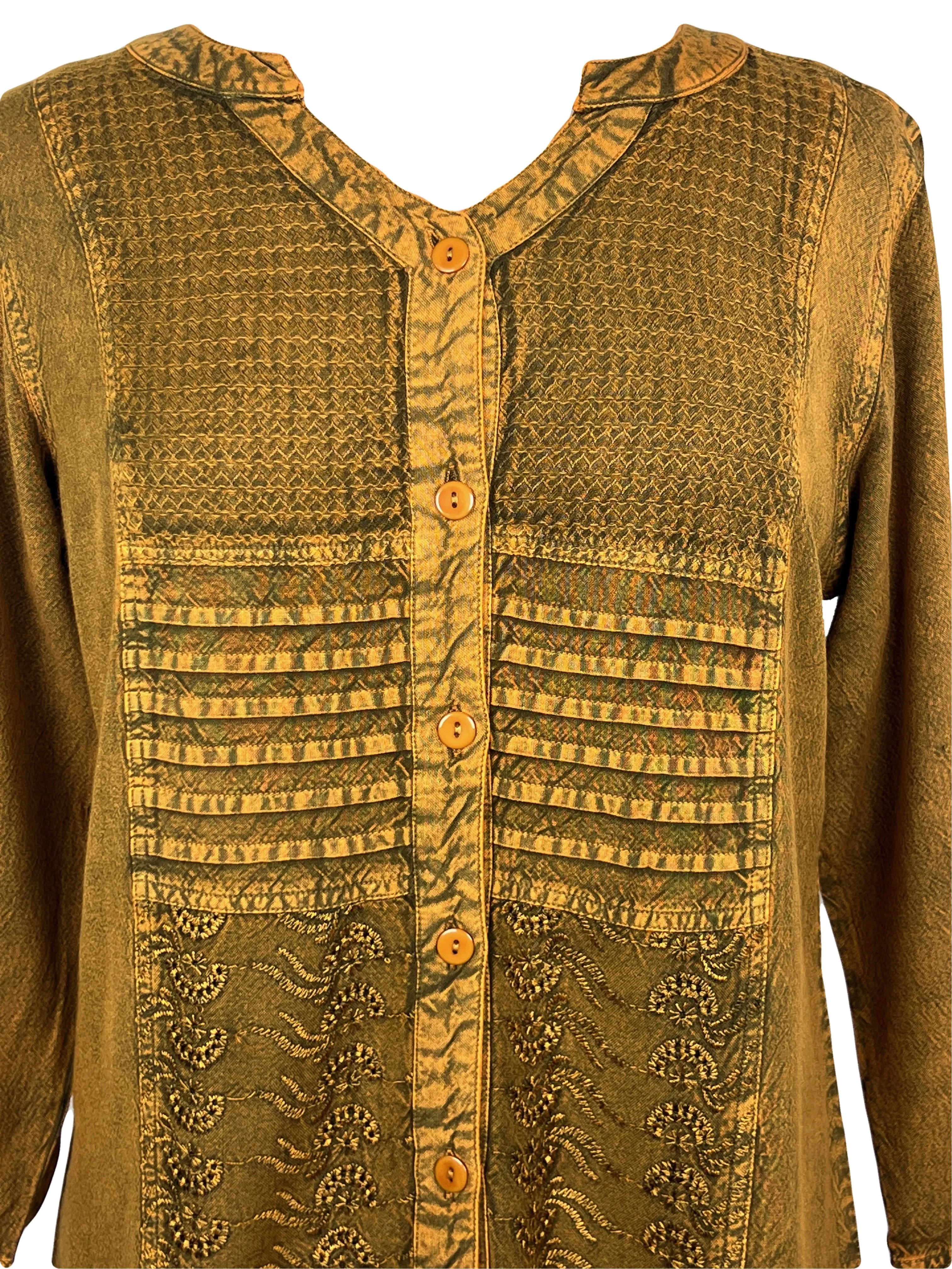 9004 B Women's Bohemian Vintage Sweet Heart Button Down Embroidered Pleated Blouse