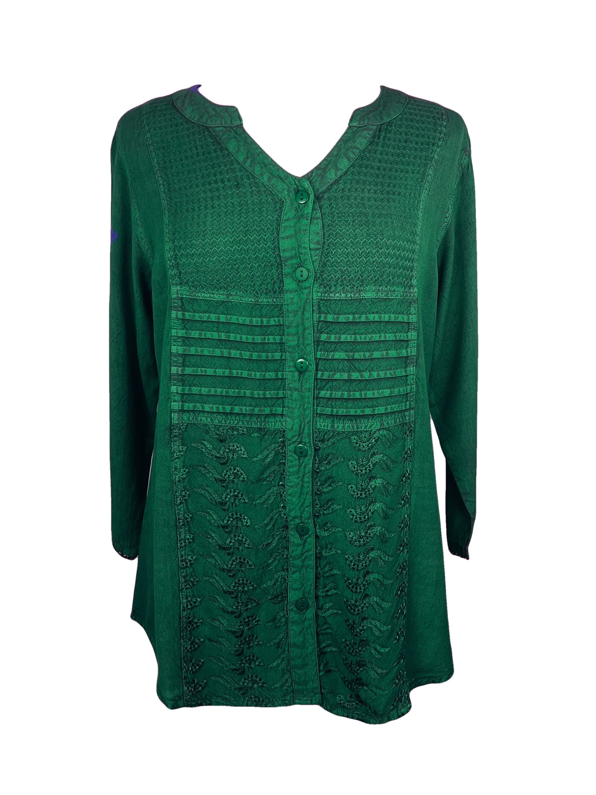 9004 B Women's Bohemian Vintage Sweet Heart Button Down Embroidered Pleated Blouse