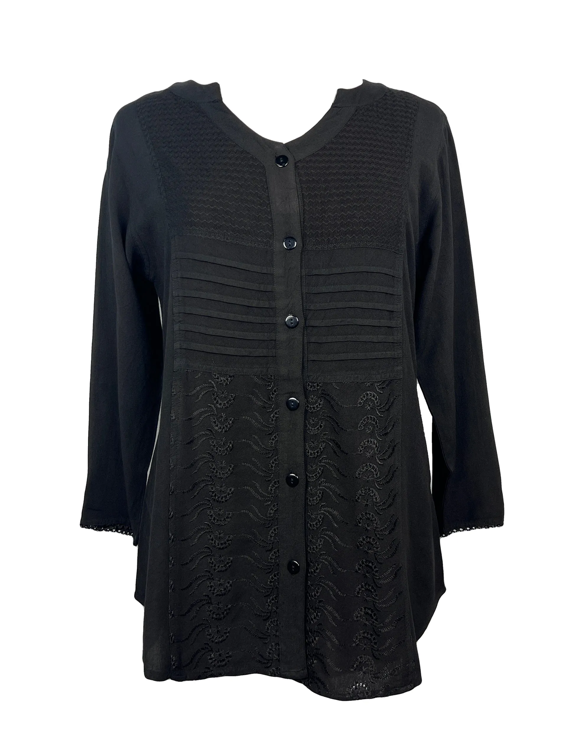 9004 B Women's Bohemian Vintage Sweet Heart Button Down Embroidered Pleated Blouse