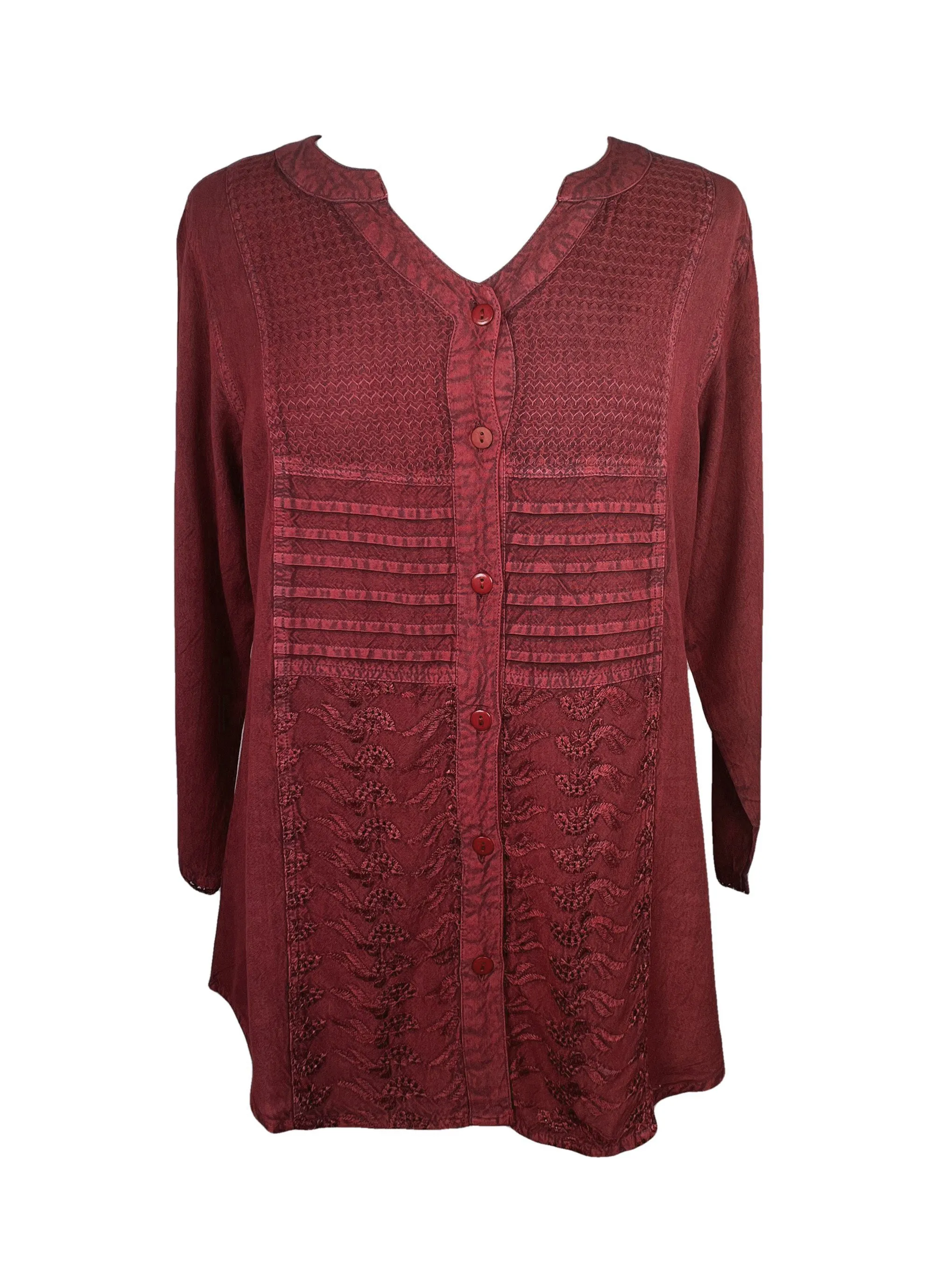 9004 B Women's Bohemian Vintage Sweet Heart Button Down Embroidered Pleated Blouse
