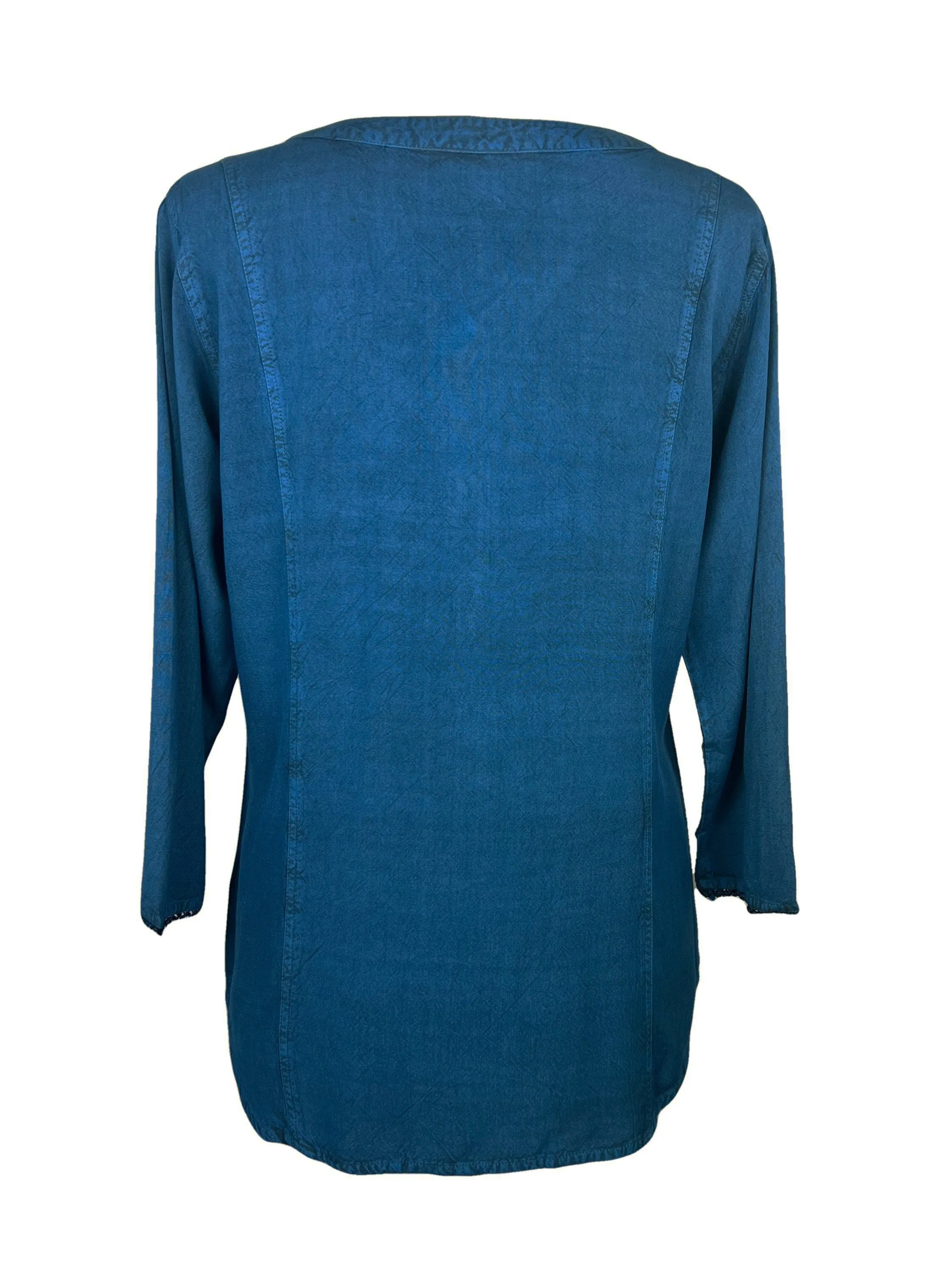 9004 B Women's Bohemian Vintage Sweet Heart Button Down Embroidered Pleated Blouse