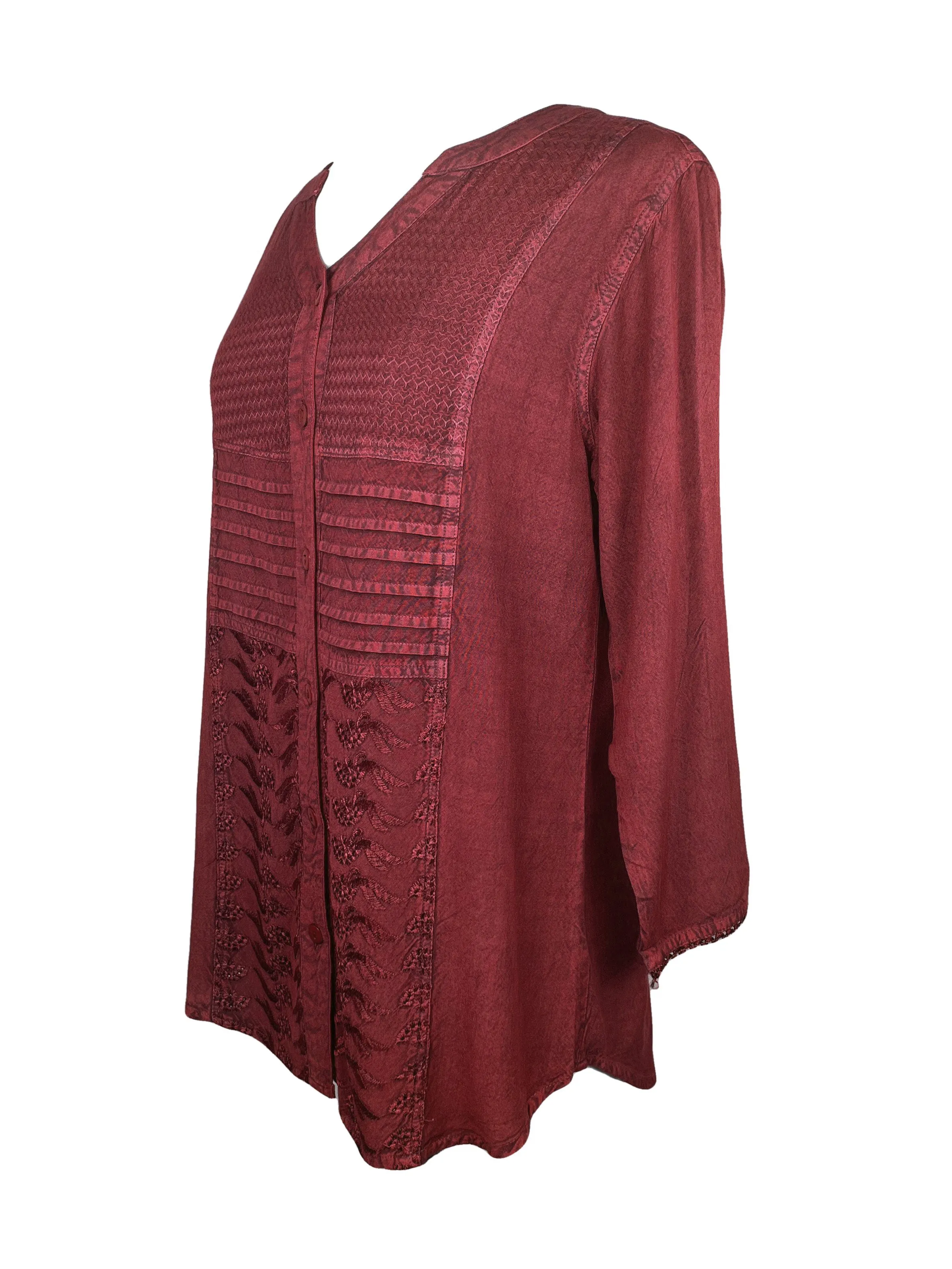 9004 B Women's Bohemian Vintage Sweet Heart Button Down Embroidered Pleated Blouse