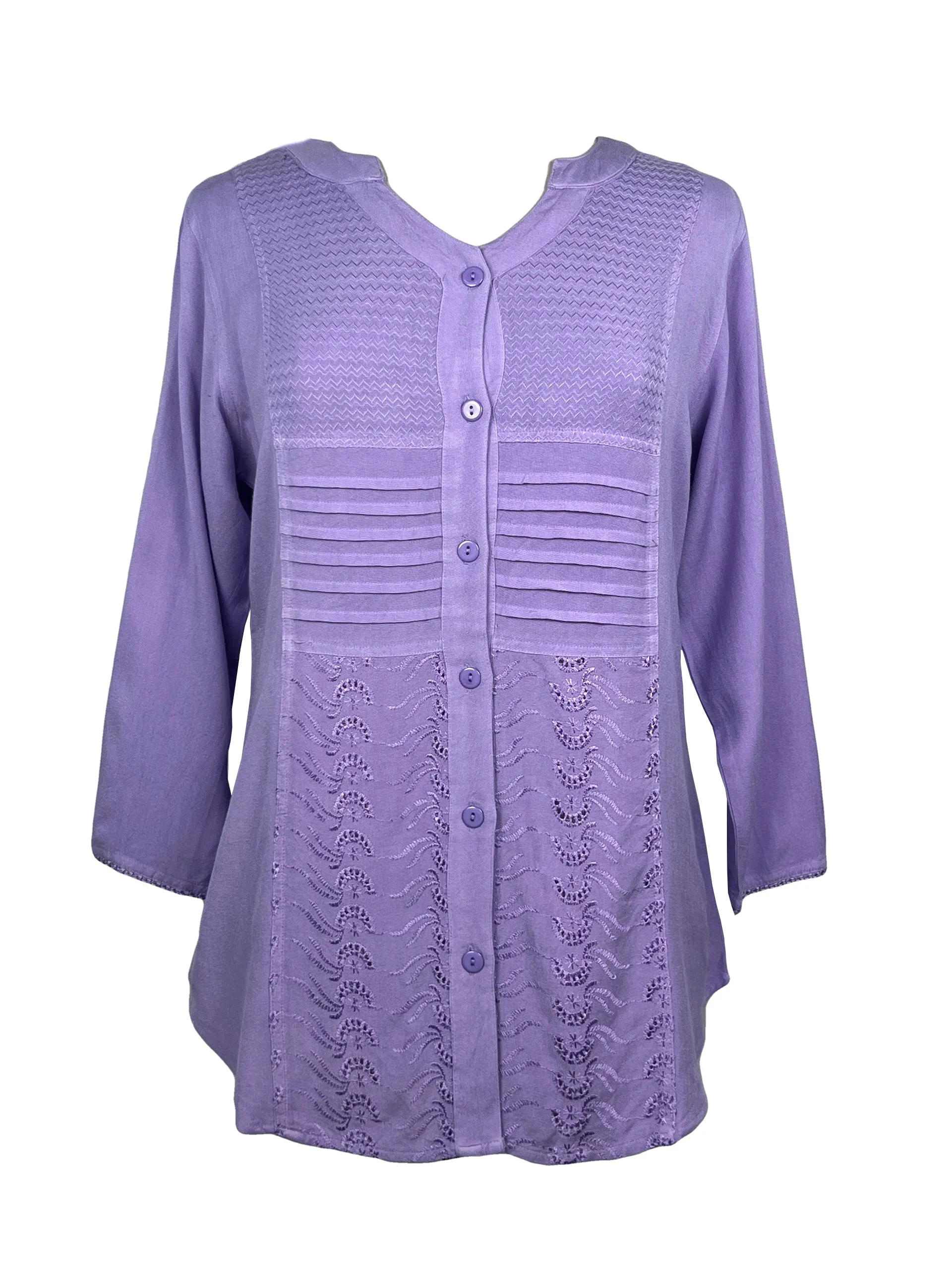 9004 B Women's Bohemian Vintage Sweet Heart Button Down Embroidered Pleated Blouse