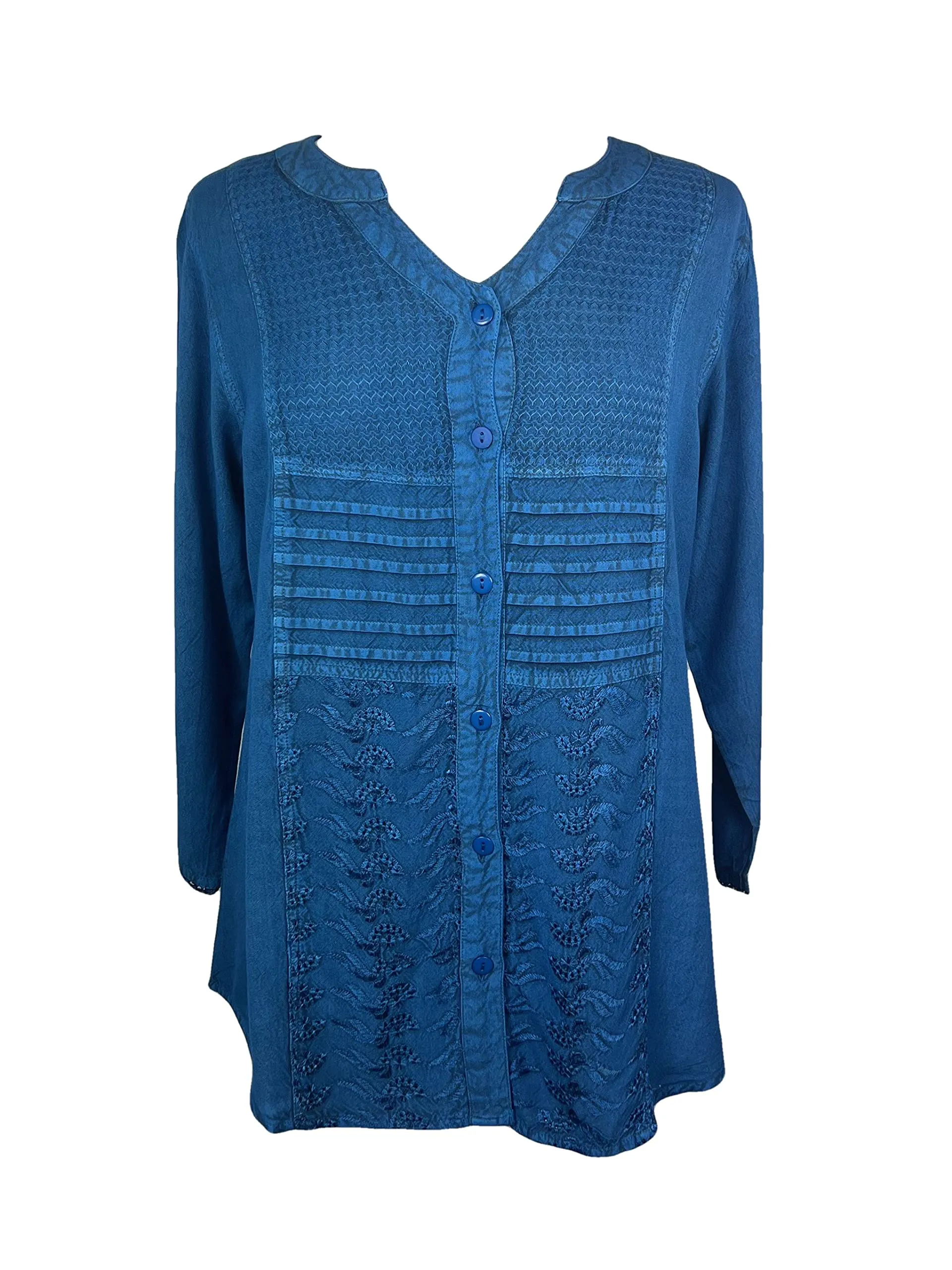 9004 B Women's Bohemian Vintage Sweet Heart Button Down Embroidered Pleated Blouse