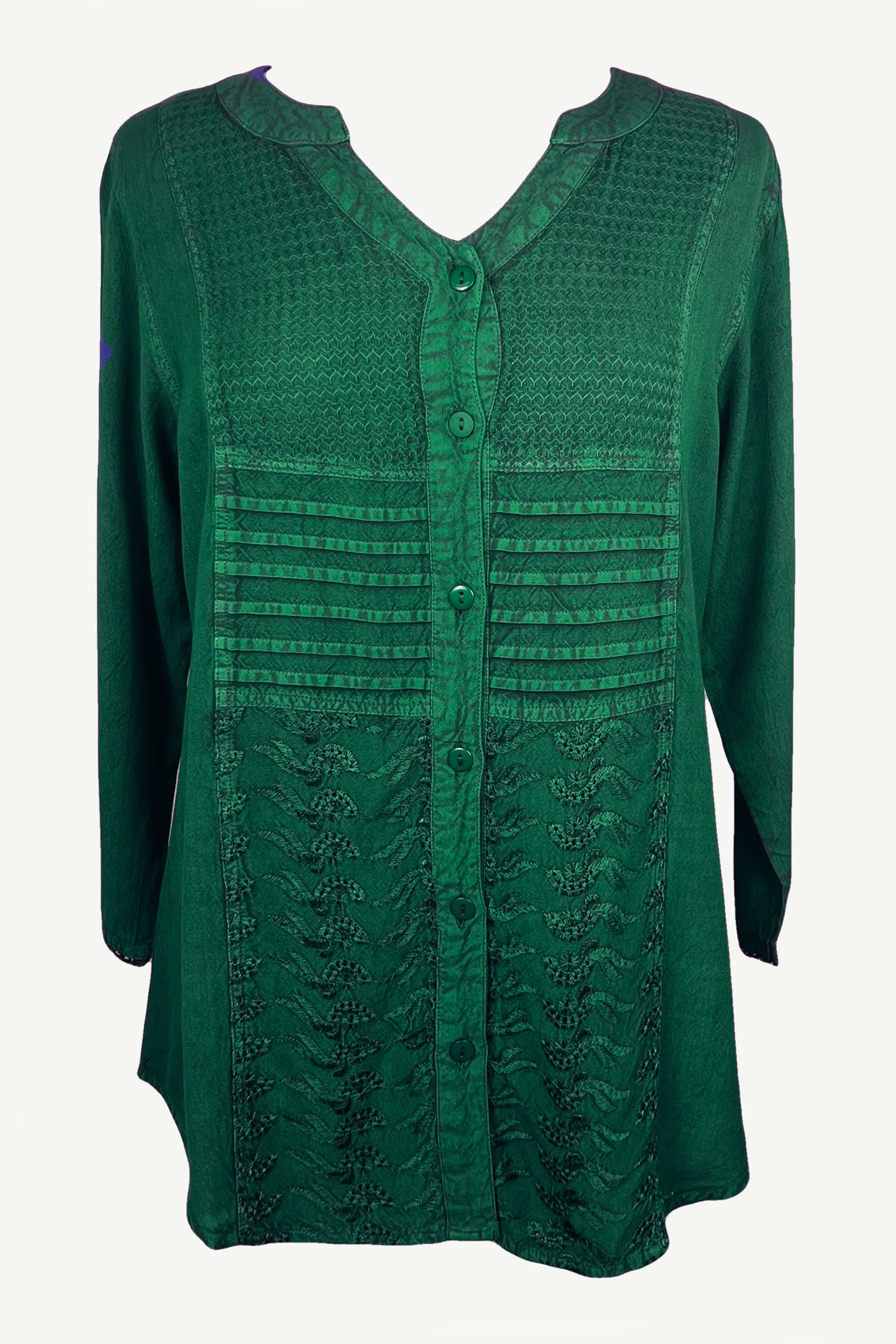 9004 B Women's Bohemian Vintage Sweet Heart Button Down Embroidered Pleated Blouse