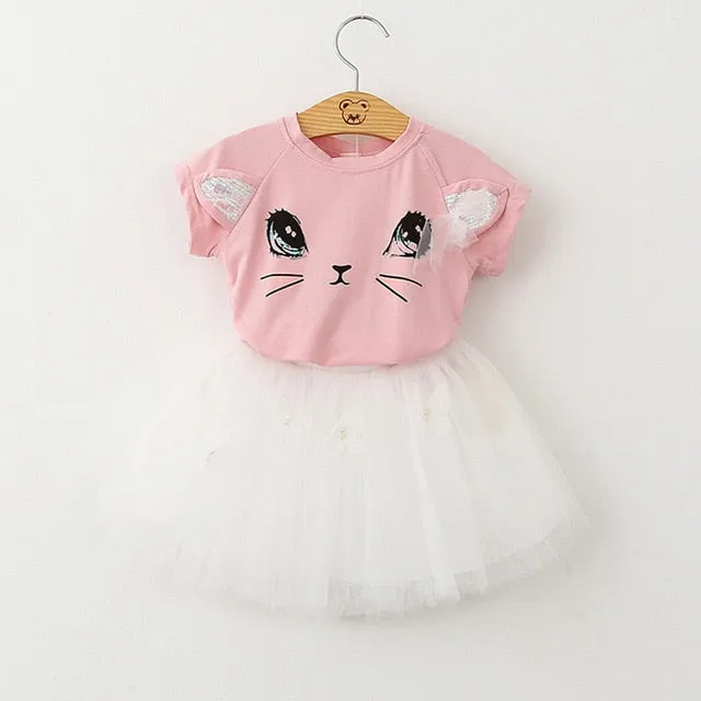 Bear Leader Girls Clothing Sets New Summer Fashion Style Cartoon Rabbit  Printed T-Shirts Pink Dress 2Pcs Girls Clothes Sets
