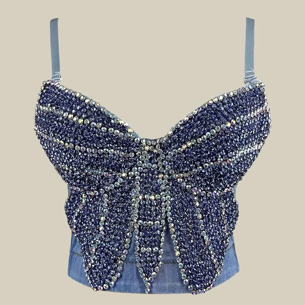 Denim Butterfly Built In Bra Diamond Camisole Top