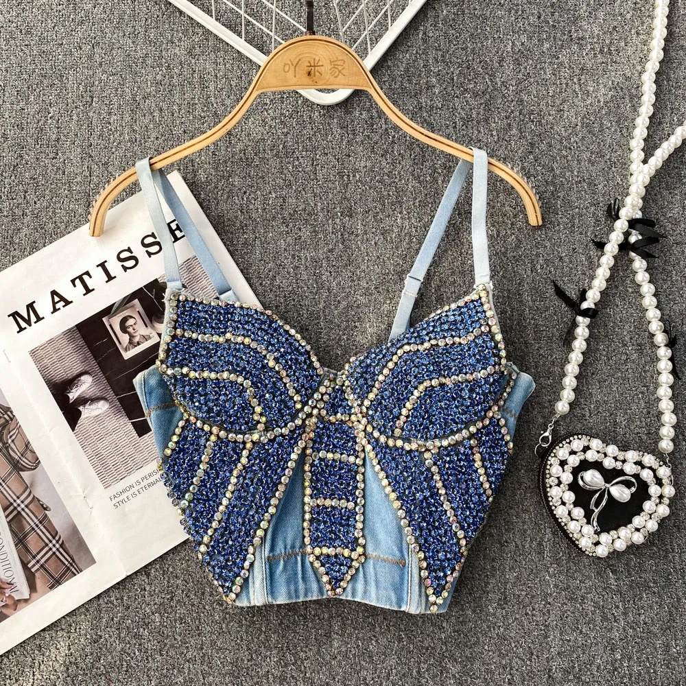 Denim Butterfly Built In Bra Diamond Camisole Top