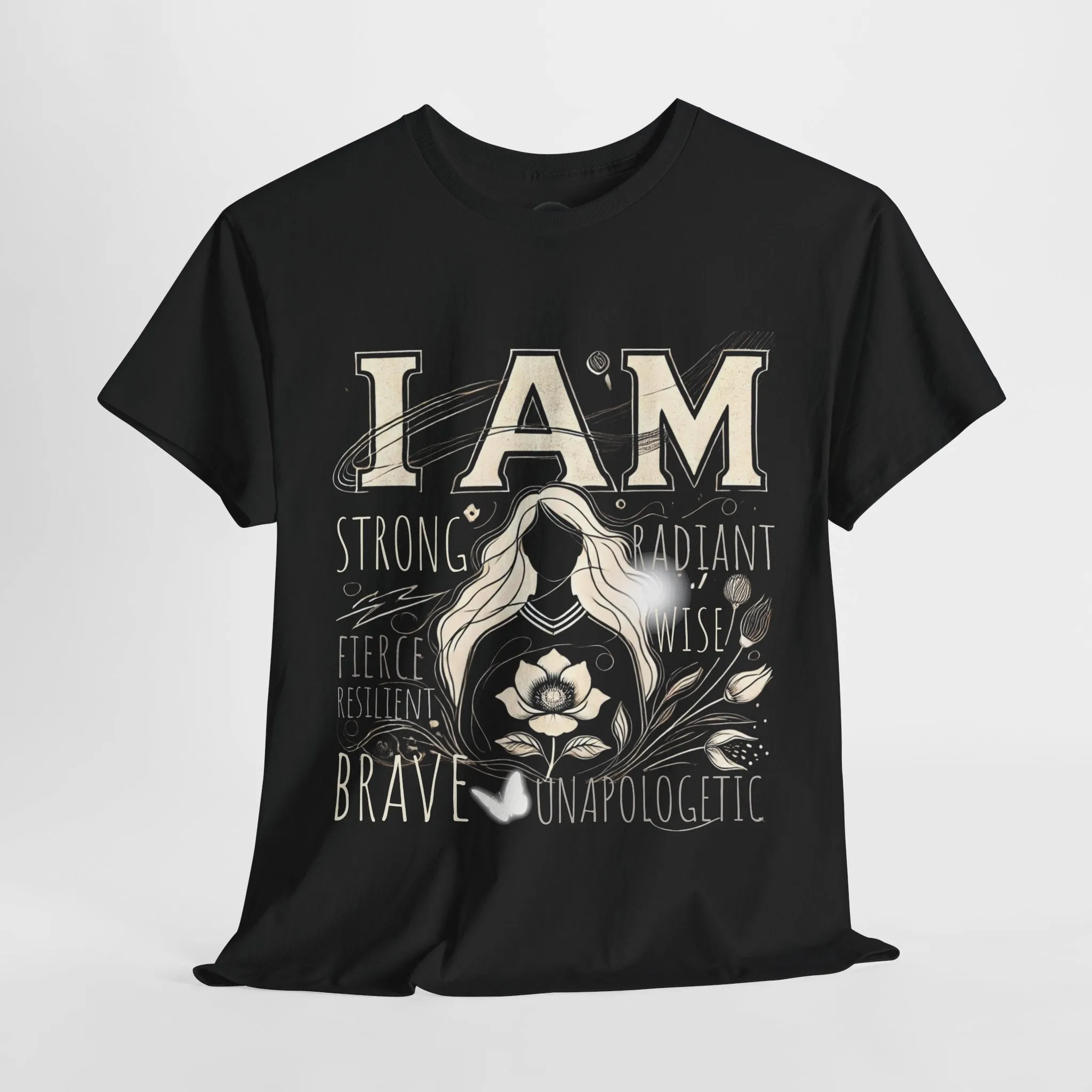 Empowerment Black Shirt for Women – I AM Affirmation Tee, Motivational Graphic T-Shirt, Positive Mindset Heavy Cotton Unisex Tee, Self-Love Gift