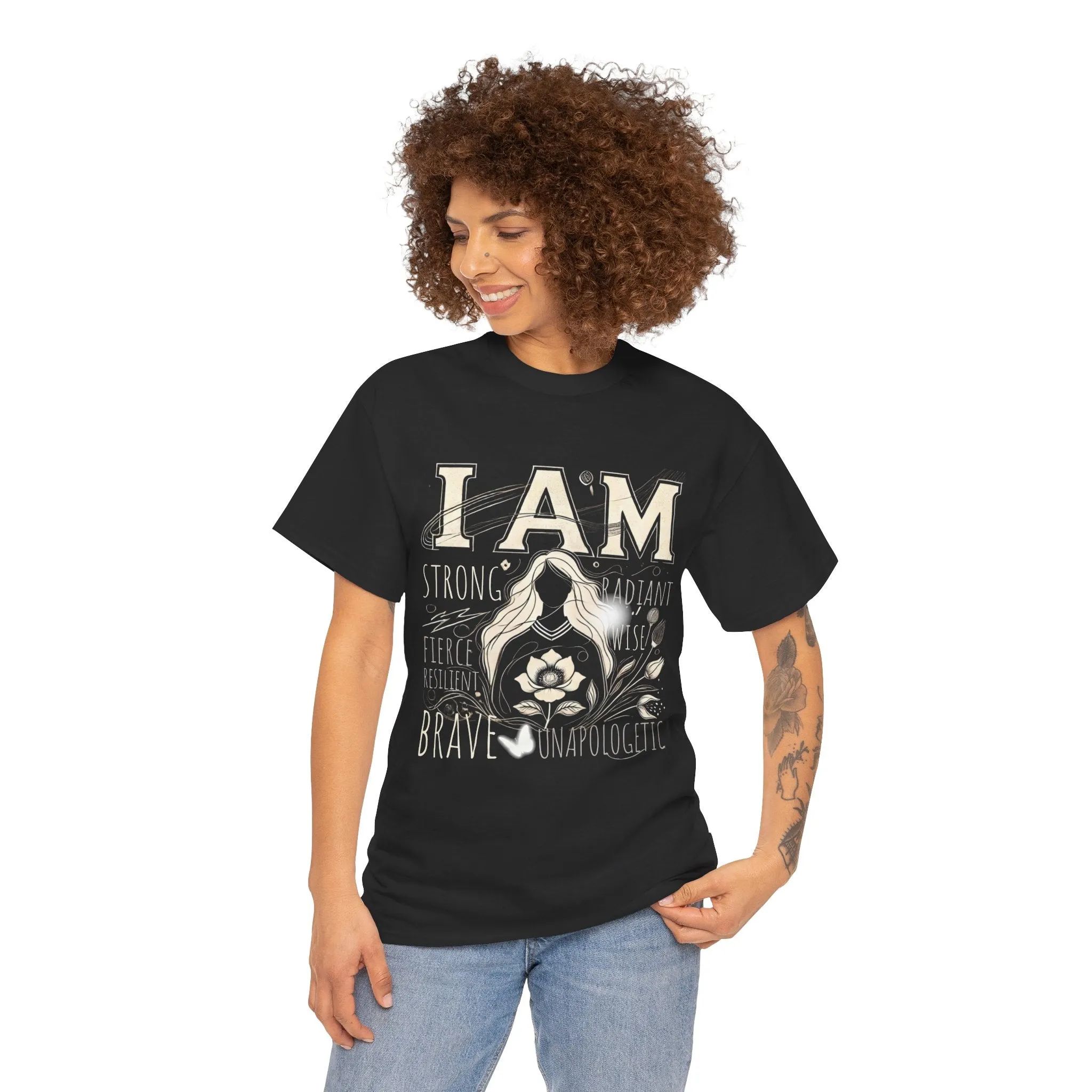 Empowerment Black Shirt for Women – I AM Affirmation Tee, Motivational Graphic T-Shirt, Positive Mindset Heavy Cotton Unisex Tee, Self-Love Gift