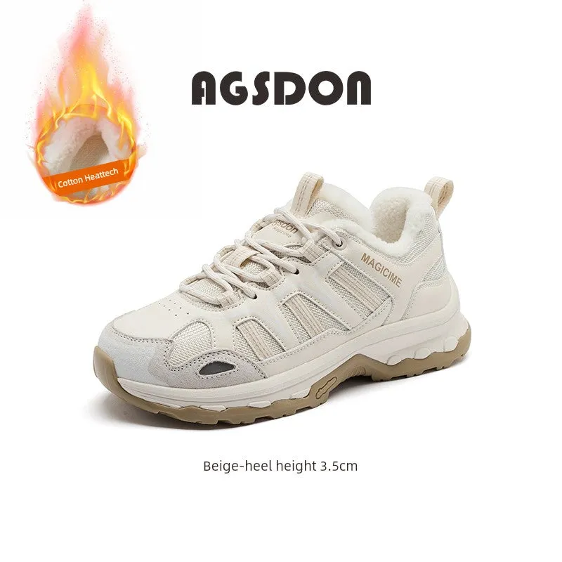 Fleece-Lined Sneakers Women's Winter 2024 New Arrival Thickened Heattech Hiking Cotton Shoes Thick Sole Casual Outdoor Snow Boots