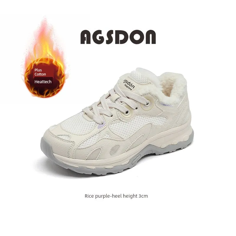 Fleece-Lined Sneakers Women's Winter 2024 New Arrival Thickened Heattech Hiking Cotton Shoes Thick Sole Casual Outdoor Snow Boots