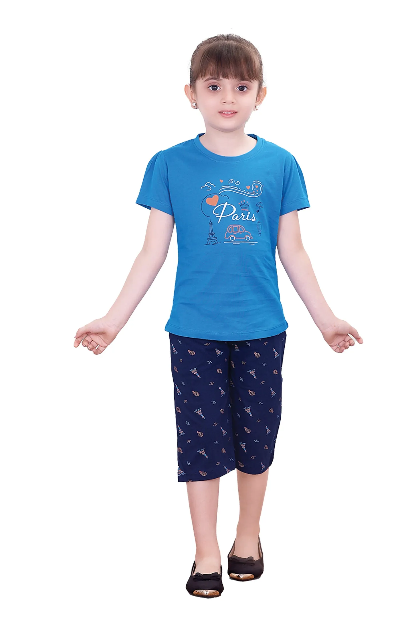 Girls Round Neck Tees  With 3/4 Pant Set - Cherry