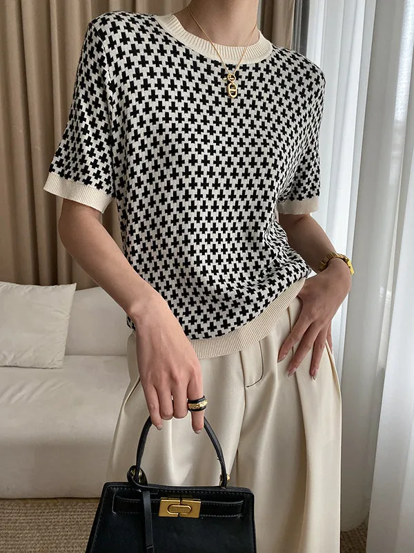 Houndstooth Half Sleeves Round-Neck Sweater Tops