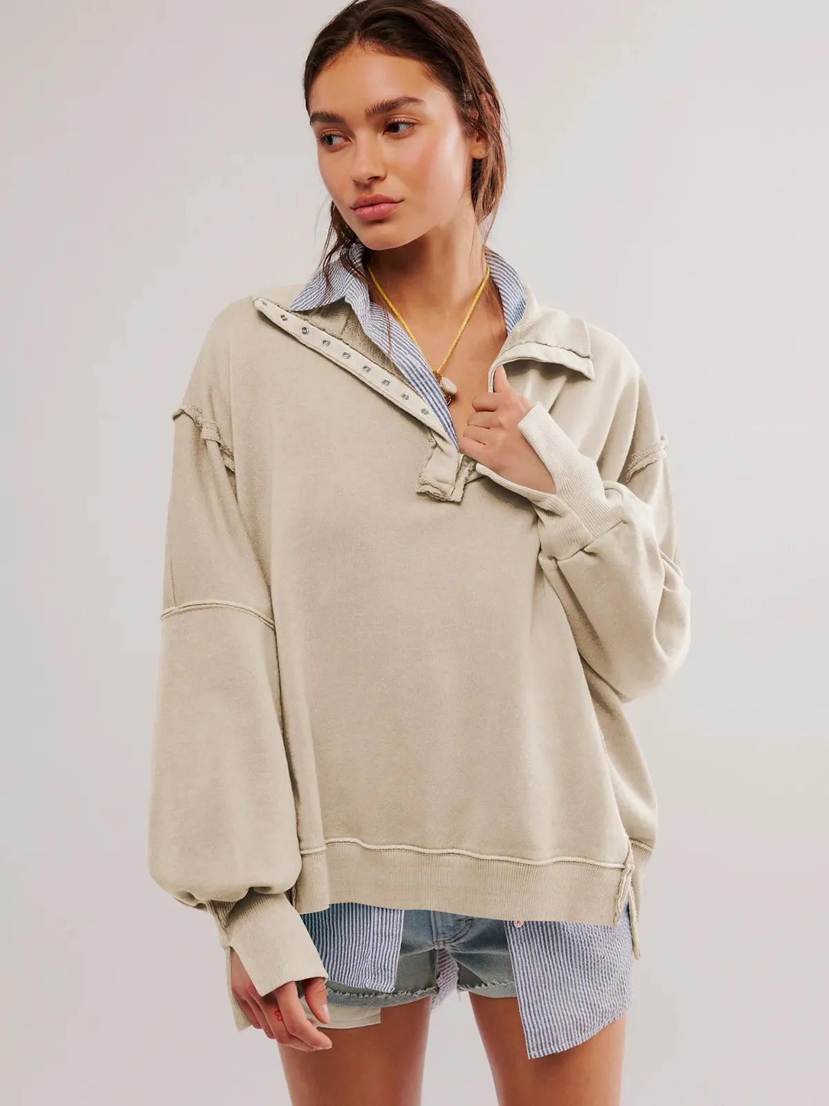 Ivyshape | Casual Sweatshirt with Lapel Collar with Buttons and Lantern Sleeves