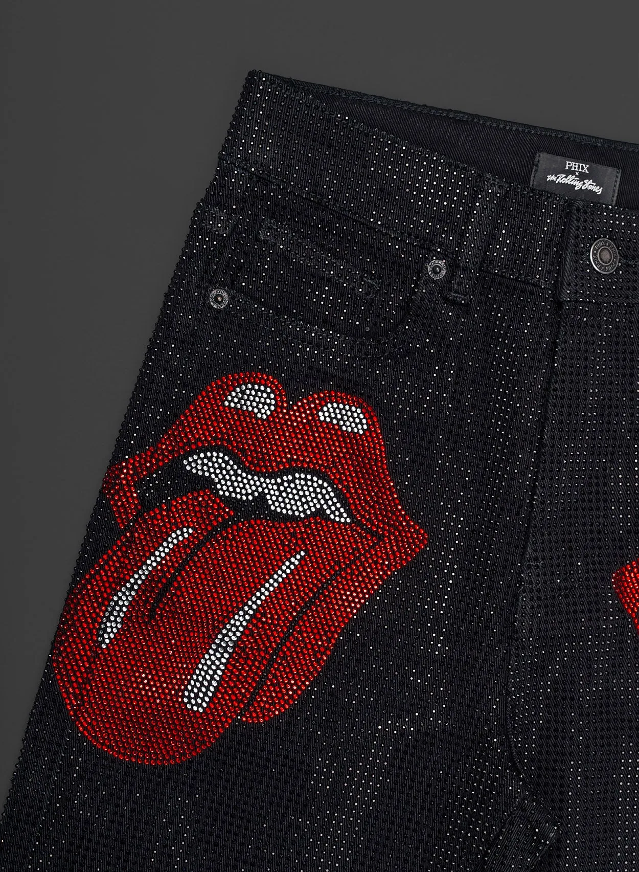Phix X Rolling Stones Denim Rhinestone Red Tongue Denim Flares