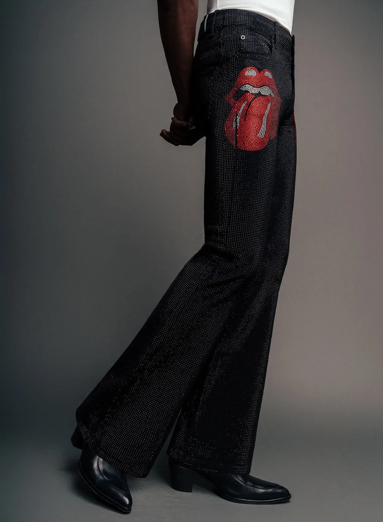 Phix X Rolling Stones Denim Rhinestone Red Tongue Denim Flares