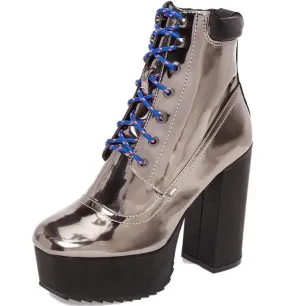 Shellys London Evan Pewter Multi Lace Up Chunky Platform Hi Chunky Heel Boots