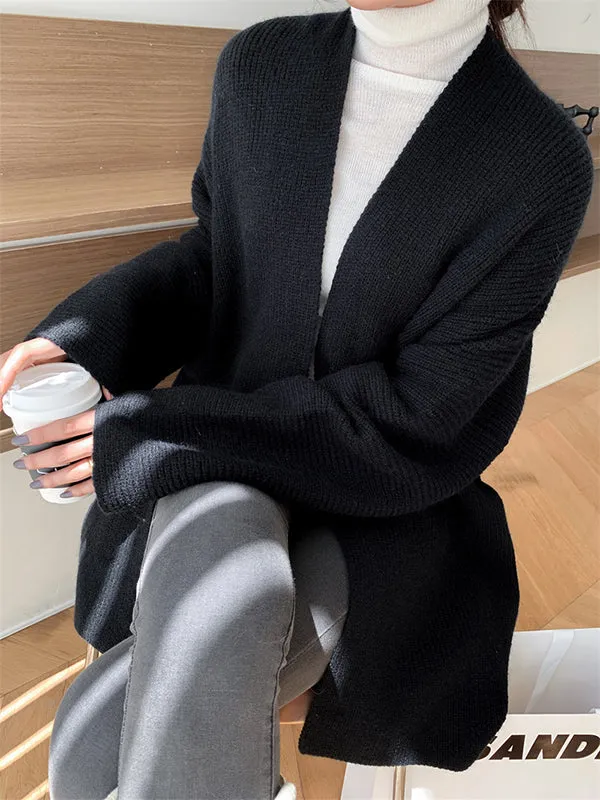 Stylish Long Sleeves Loose Solid Color With Waistband Cardigan Tops