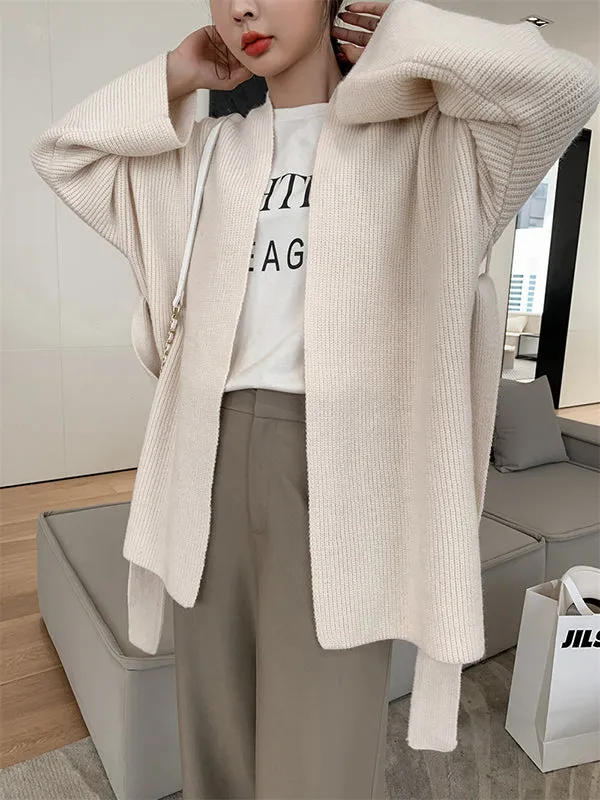 Stylish Long Sleeves Loose Solid Color With Waistband Cardigan Tops