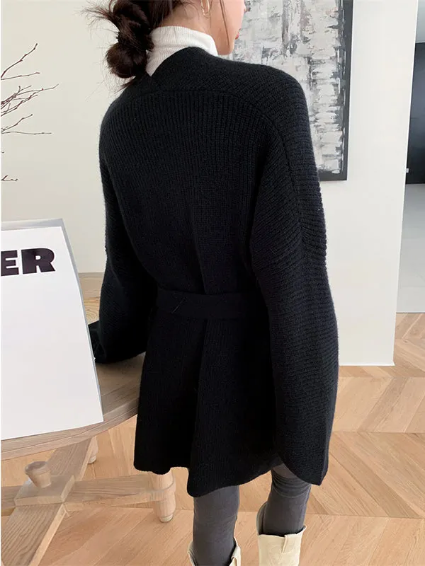 Stylish Long Sleeves Loose Solid Color With Waistband Cardigan Tops