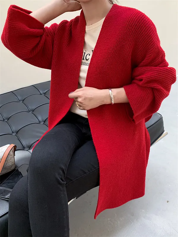 Stylish Long Sleeves Loose Solid Color With Waistband Cardigan Tops