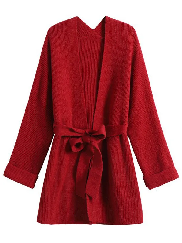 Stylish Long Sleeves Loose Solid Color With Waistband Cardigan Tops