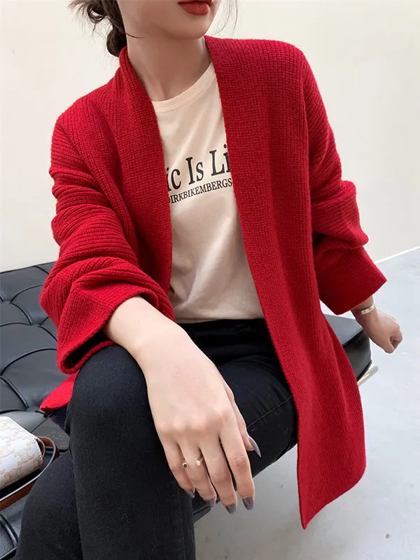 Stylish Long Sleeves Loose Solid Color With Waistband Cardigan Tops