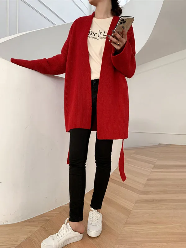 Stylish Long Sleeves Loose Solid Color With Waistband Cardigan Tops