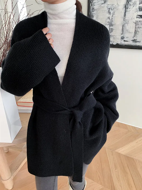 Stylish Long Sleeves Loose Solid Color With Waistband Cardigan Tops