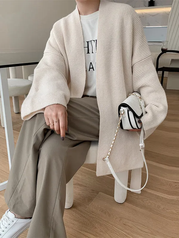 Stylish Long Sleeves Loose Solid Color With Waistband Cardigan Tops