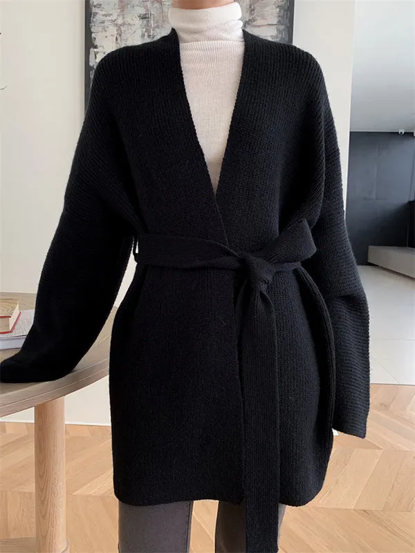 Stylish Long Sleeves Loose Solid Color With Waistband Cardigan Tops
