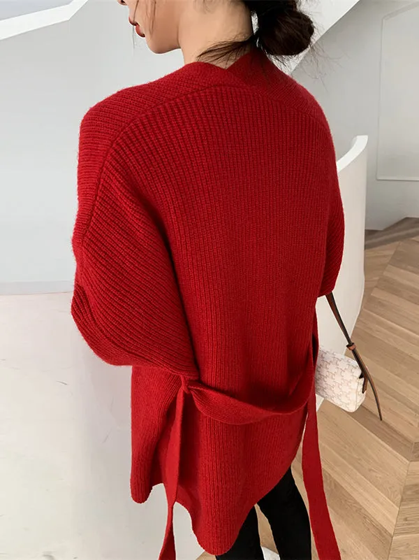 Stylish Long Sleeves Loose Solid Color With Waistband Cardigan Tops