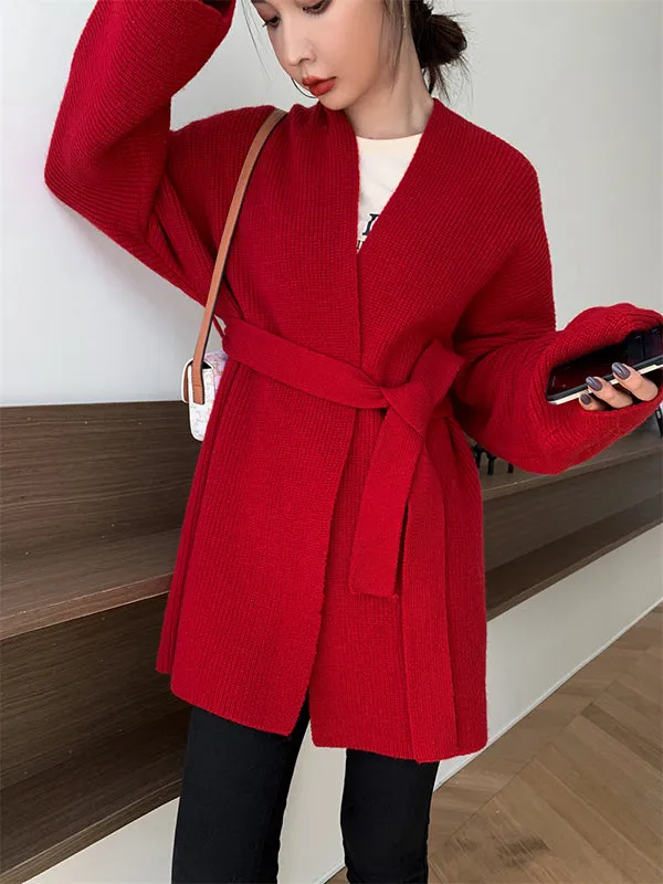 Stylish Long Sleeves Loose Solid Color With Waistband Cardigan Tops