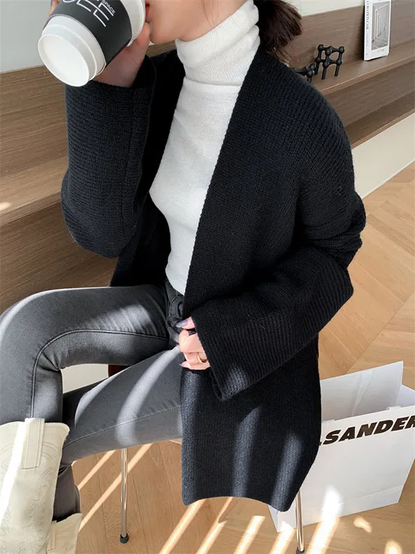 Stylish Long Sleeves Loose Solid Color With Waistband Cardigan Tops